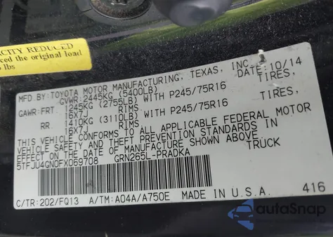 2015 Toyota Tacoma Prerunner V6 z USA, uszkodzony, nr VIN 5TFJU4GN0FX069708